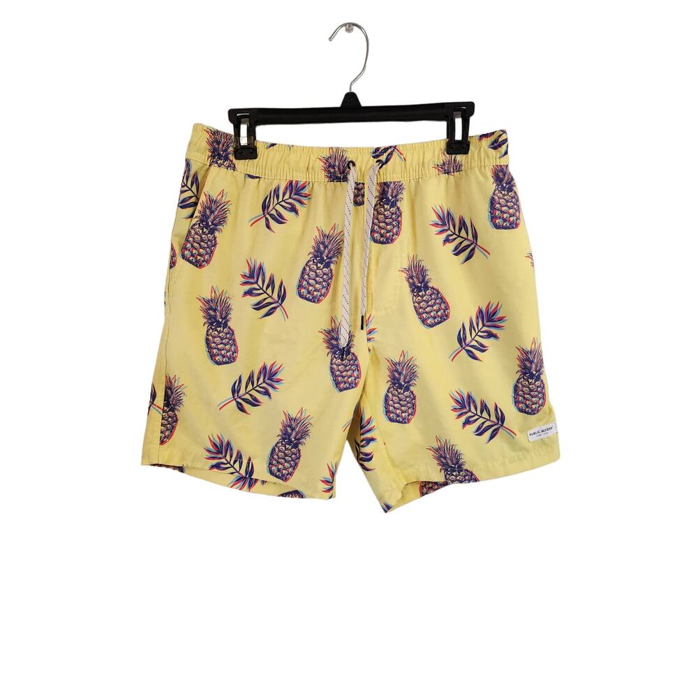 PUBLIC ACCESS Men's 3 Pocket Pineapple Motif Yellow 3D Effect Swim Shorts MED